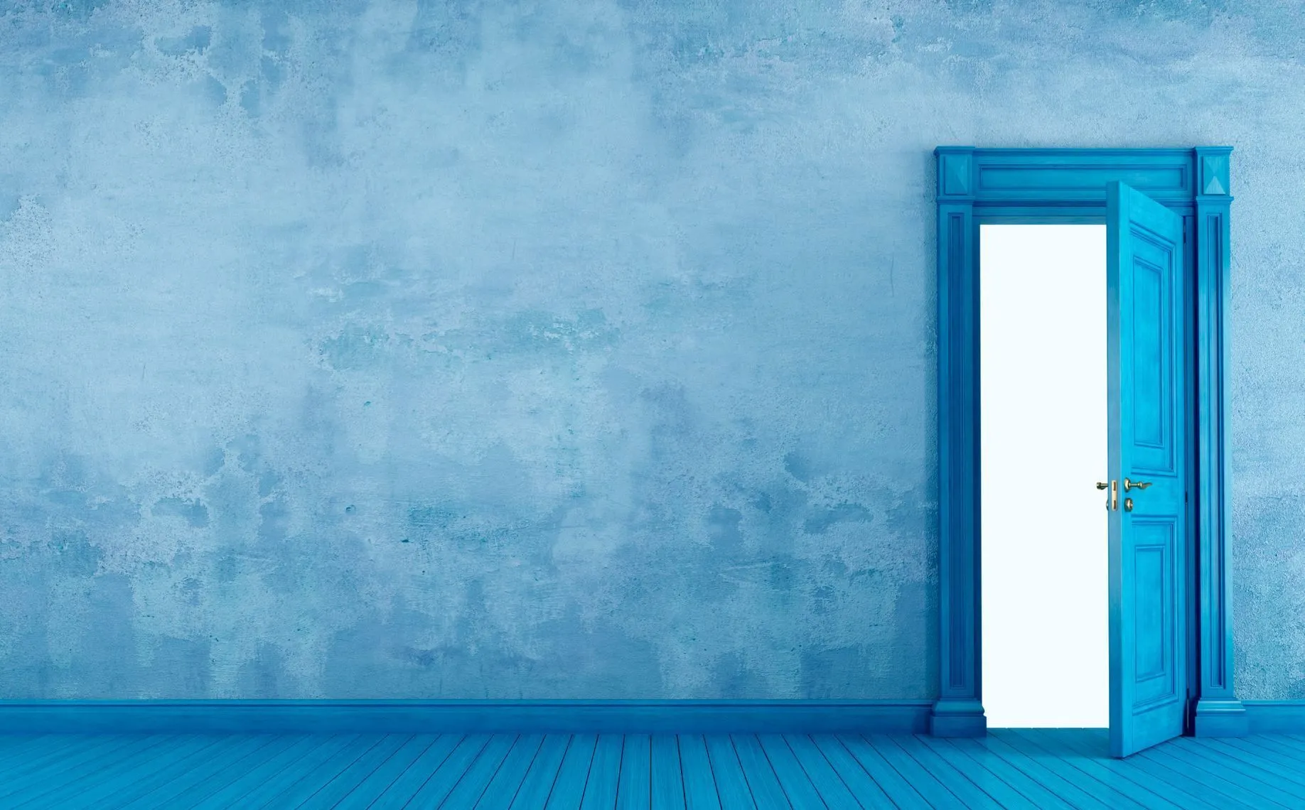 Una porta azzurra aperta su una parete azzurra — apri la porta, vai oltre